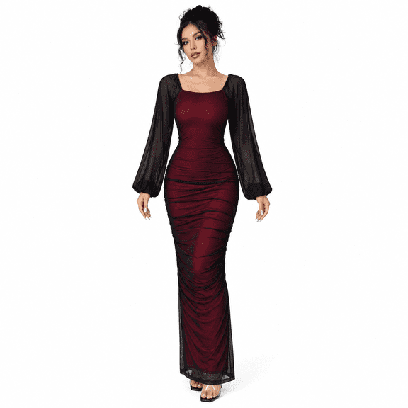 Women's Long Sleeve Maxi Dress, Ruched Bodycon Evening Gown, Burgundy Black Mesh Cocktail Party Dress