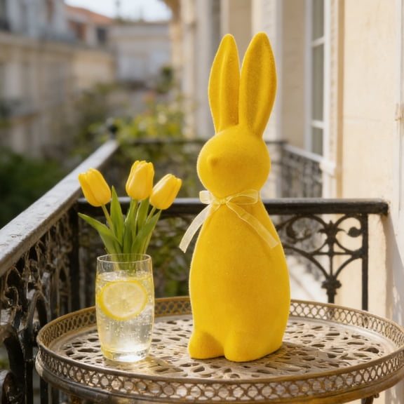 ElegantHaven Easter Bunny Decoration, 13.78in Lifelike Moss-Flocked Flocked Resin Bunny (Yellow) with Yellow Ribbon, Spring Table Centerpieces for Indoor Decor
