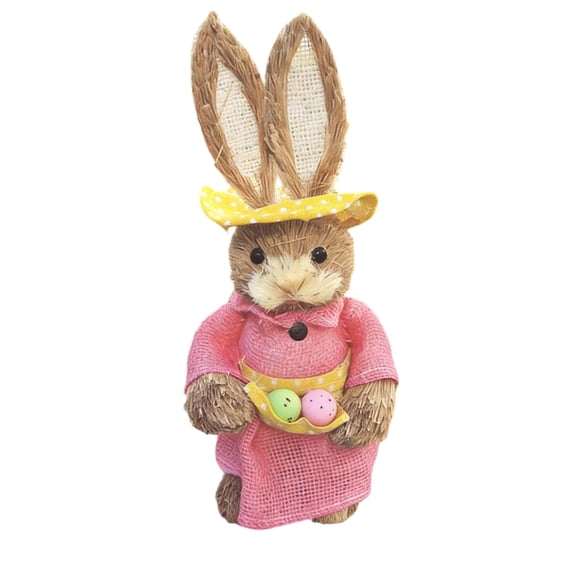 ElegantHaven Easter Bunny Decoration 13" Cattail Grass Woven Figurine with Pink Dress & Yellow Polka Dot Headband, Home Decor & Gift Giving