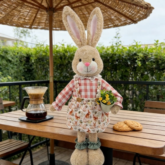 ElegantHaven Easter Bunny Doll girl-Style Plush Bunny with Retractable Legs & Carrot Prop, Kids-Friendly for Bedroom & Garden Easter Displays