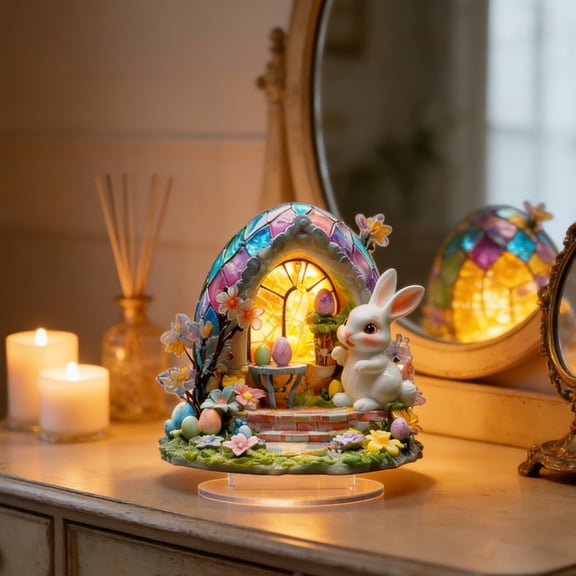 ElegantHaven Easter Decor Glowing Bunny Egg House Acrylic Ornament, 2D Flat Easter Desktop Sign, Easter Decorations for Spring Party Home Styling