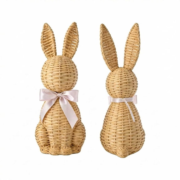 ElegantHaven Rattan-Style Resin Easter Bunny Figurines Decor Wicker Easter Bunny Garden Statue with Bow for Table Centerpieces Indoor Outdoor Home Decor