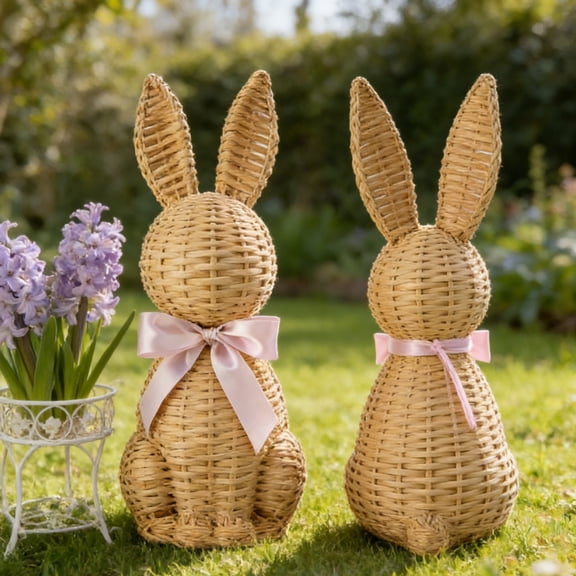 ElegantHaven Single Easter Bunny Figurine with Rattan Effect & Pink Satin Bow, Charming Decor for Easter Egg Hunt Props, Entryway Tables & Shelf Displays