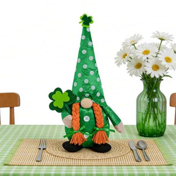 ElegantHaven St. Patrick's Day Gnome Decoration, 12in Green Plush Fabric Gnome with Orange Braids & Lucky Clover, Festive Accent for Shelf Mantel