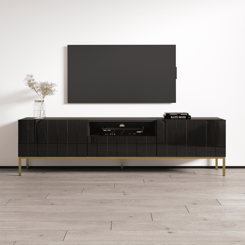 Elegante 01 TV Stand for TVs up to 85", Mid-Century Modern High Gloss 75" Entertainment Center, TV Media Console with Storage Cabinets