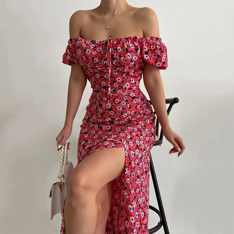 Elegantly Alluring Off Shoulder Floral Print Midi Dress with Slit Embrace the Sexy and Slimming Style of this Strapless Party Dress for a Stunning Summer Look Walmart