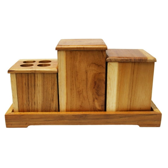 Eleganto 3 Piece Teak Wood Bathroom Amenities Set with Tray in EarthyTeak Finish