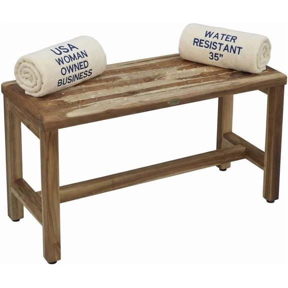 Eleganto 35 Inch Natural Color Waterproof Teak Wood Shower Bench Stool Seat Chair For Inside Shower Provides Safety, Storage, and Organization For Bathroom Accessories