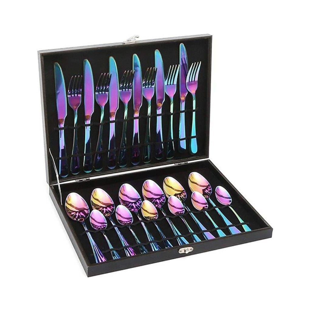 Elegantoss 24pcs Stainless Steel Iridescent Flatware Tableware Rainbow colored Cutlery Set in attractive Black Gift Box (Multicolored)