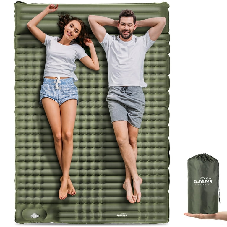 Elegear Double Sleeping Pad for Camping 4 Extra Thick Queen Camping Pad 2 Person with Pillow Built in Foot Pump Inflatable Camping Mattress for