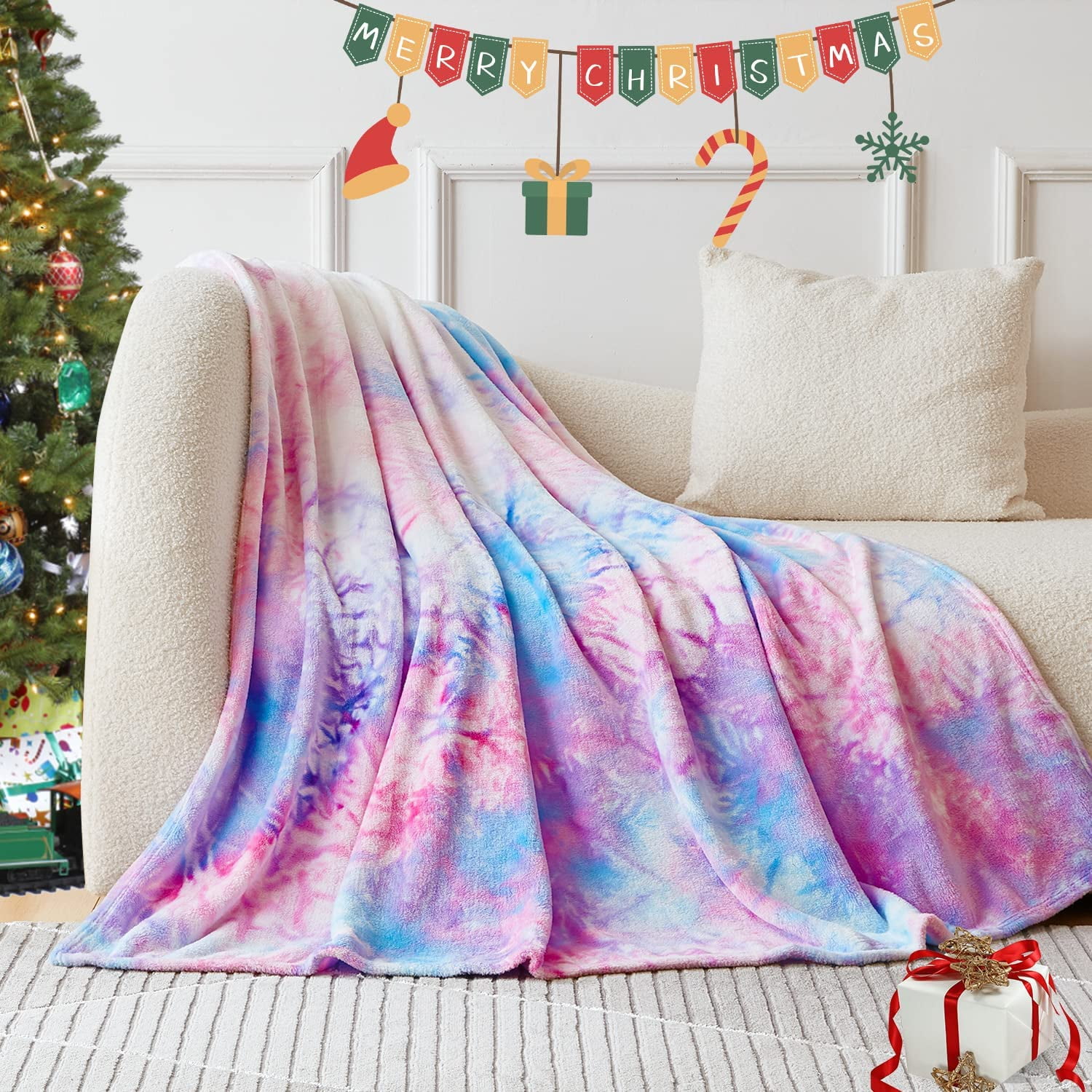Elegear Rainbow Fleece Blanket Twin, Unique Tiedye Flannel Blanket