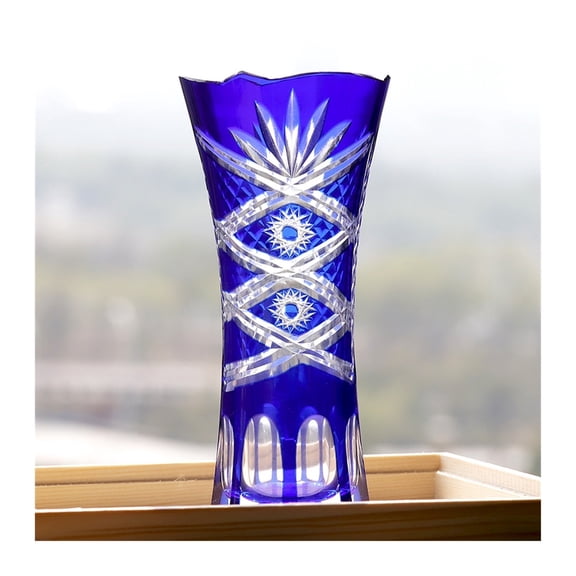 Elegent Bohemian Czech Style Blue Glass Vase Hand Cut To Clear Crystal Decor Flower Vase Engraving Pattern