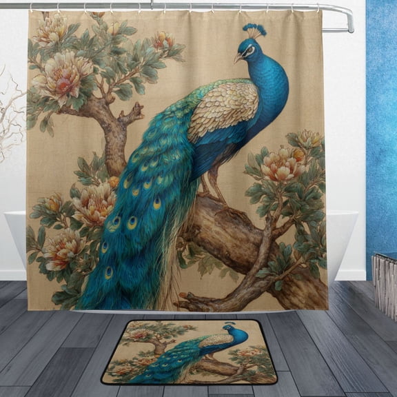 Elegent Peacock Bathroom Shower Curtain Set with Floor Mat and Hooks Ultra Waterproof Visible Slider Beads