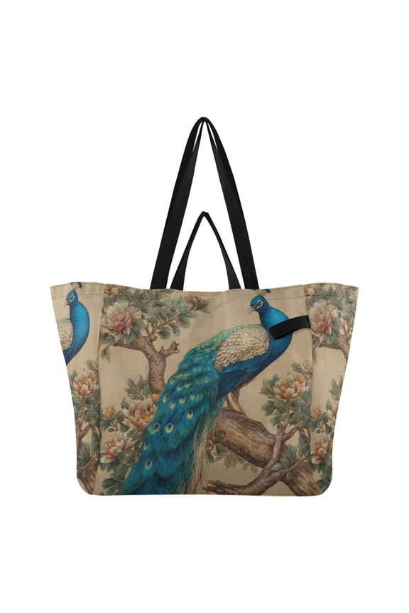 Elegent Peacock Canvas Tote Bag Large Capacity Reusable Tote with Double Handles, Foldable Heavy Duty Shopping Beach Laundry Bag, 32L