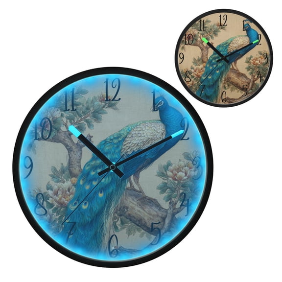Elegent Peacock Luminous Wall Clock with Sound-Activated LED 12-Inch Silent Acrylic Timepiece for Bedroom Livingroom or Office