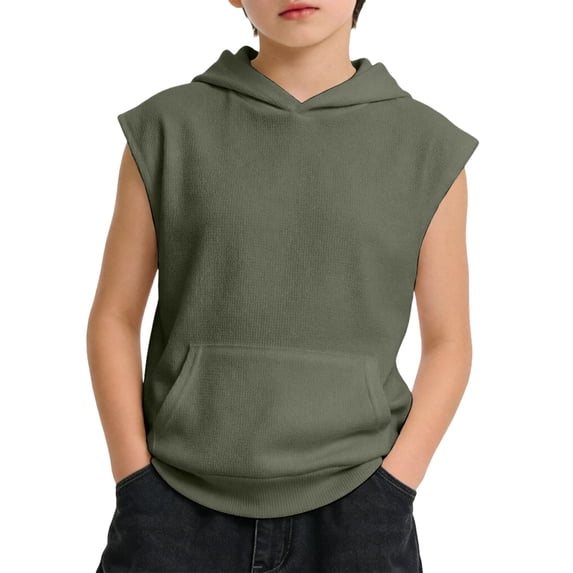 Elegyee Boys Athletic Tank Tops Solid Color Trendy Hooded Sleeveless Undershirt, Sizes 2-12Y