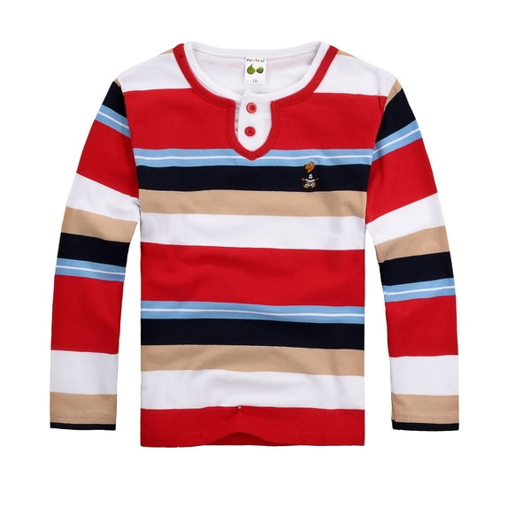 Elegyee Boys Long Sleeve T-Shirt Striped Henley Embroidery Soft Stretch Top, Sizes 3-14Y
