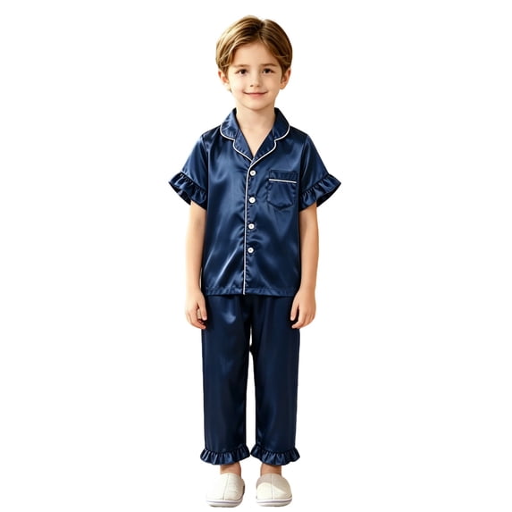 Elegyee Boys Silk Pajamas Ruffle Short Sleeved Top Pants Sleepwear, Blue, Size 9-10