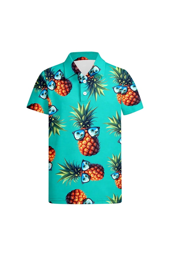 Boys Stylish Polo Shirt Pineapple Print Short Sleeve Breathable T-Shirt, Sizes 3-14Y