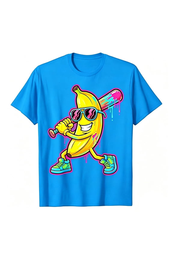 Boys Summer Cute T Shirt Casual Cartoon Banana Print Round Neck Short Sleeve Tee, Sizes 2-13