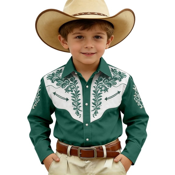Elegyee Boys Western Cowboy Demin Shirt Ethnic Print Long Sleeve Button Down Top, Sizes 4-13Y