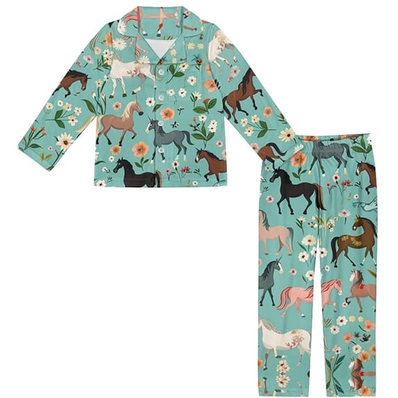 Elegyee Girl Pajamas Horse Print Long Sleeve Button Down Shirt Pants Sleep Set(3-14 Years)
