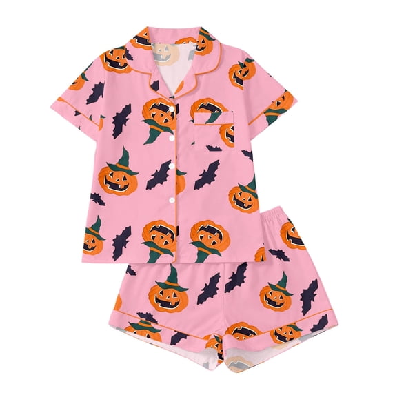 Elegyee Girl's Halloween Pajamas Pumpkin Short Sleeve Button Down Shirt Shorts Sleepwear, Pink, Size 5-6