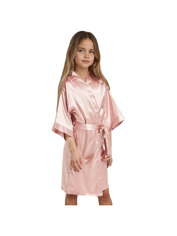 Girl's Satin Kimono Robe Silk Bathrobe Sleepwear Loungewear, Khaki, Size 5-6