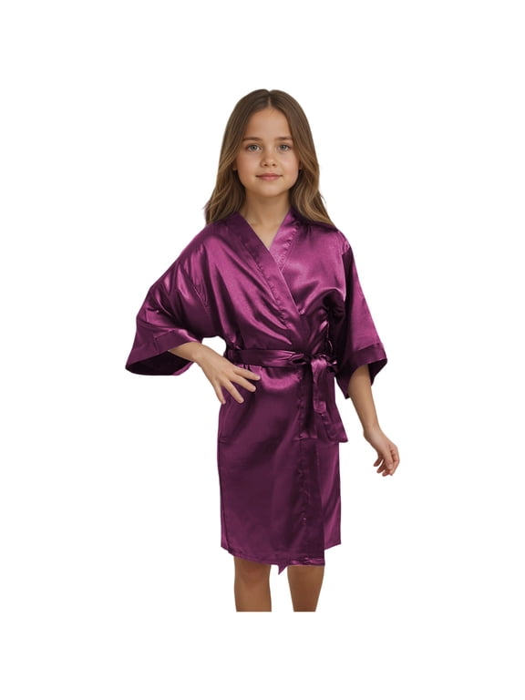Girl's Satin Kimono Robe Silk Bathrobe Sleepwear Loungewear, Purple, Size 5-6