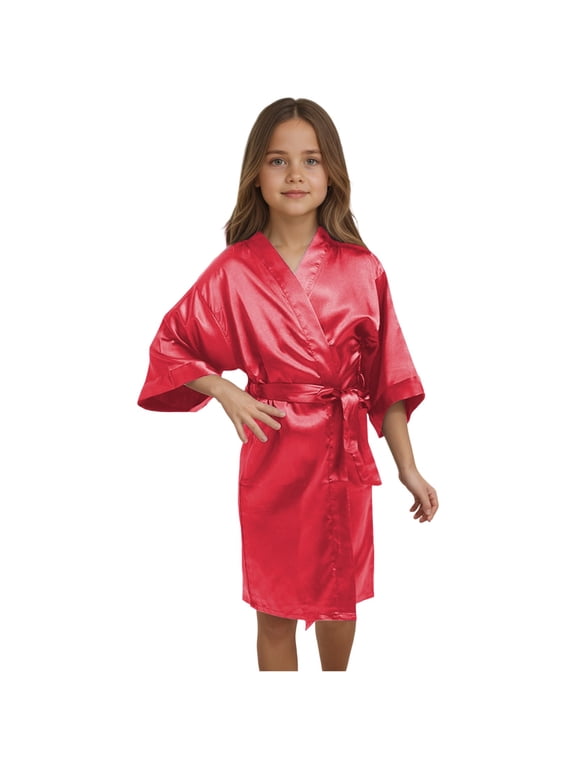 Girl's Satin Kimono Robe Silk Bathrobe Sleepwear Loungewear, Size 11-12