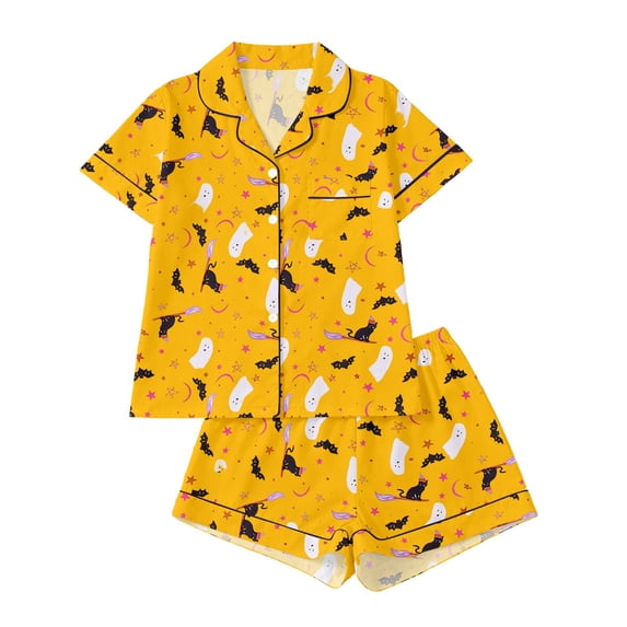 Elegyee Girls 2 Piece Halloween Pajama Sets Button Down Shirt Shorts, Yellow, Size 13-14