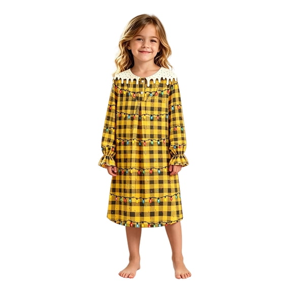 Elegyee Girls Christmas Nightgown Long Sleeve Plaid Sleep Dress Loungewear(3-14 Years)