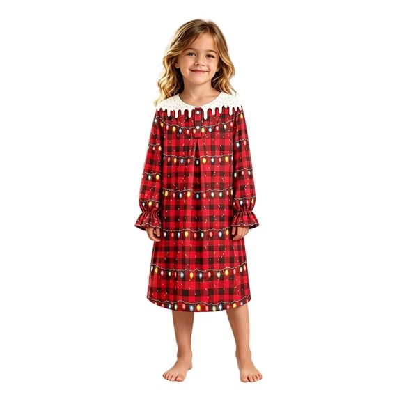Elegyee Girls Christmas Nightgown Long Sleeve Plaid Sleep Dress Loungewear(3-14 Years)