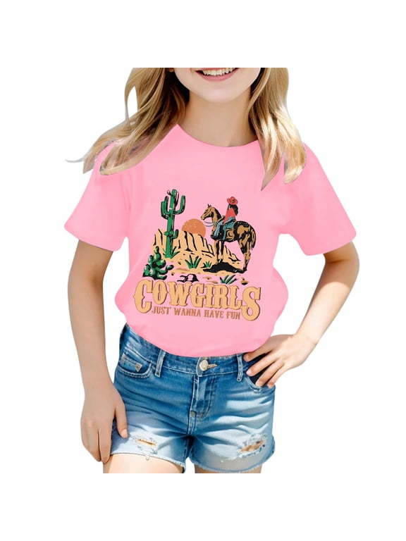 Girls Classic Western Cowgirls T Shirt Casual Graphic O Neck Short Sleeve Tee, Sizes 0-13