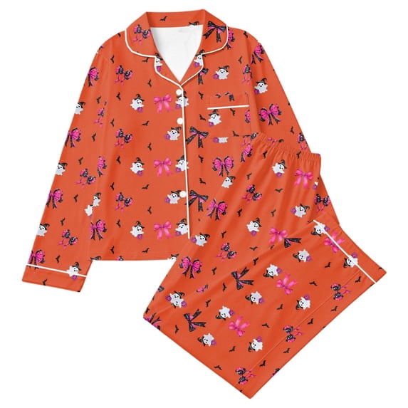 Elegyee Girls Cute Halloween Pajama Set Long Sleeve Button Down Shirt Pants, 2-Piece, Orange, Size 9-10
