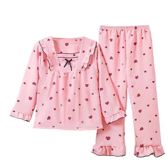 Elegyee Girls Cute Pajamas Hearts Print Ruffle Long Sleeve Top Pants Sleepwear, Pink, Size 5-6