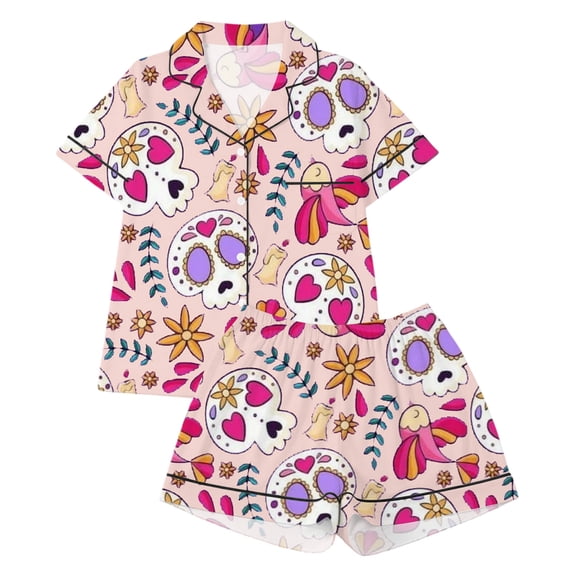Elegyee Girls Funny Halloween Pajama Set Short Sleeve Kids Nightwear, Pink, Size 11-12