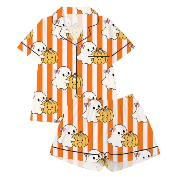 Elegyee Girls Halloween Pajama Sets Cute Short Sleeve Kids Sleepwear, Orange, Size 2-3