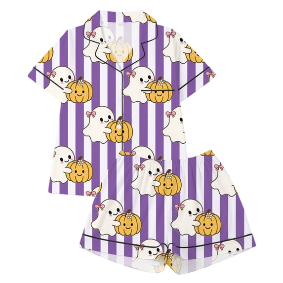 Elegyee Girls Halloween Pajama Sets Cute Short Sleeve Kids Sleepwear, Purple, Size 13-14