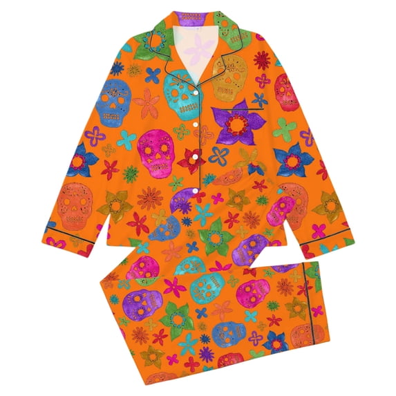 Elegyee Girls' Halloween Pajama Sets Long Sleeve Notch Collar Shirt Pants Pjs, Orange, Size 11-12
