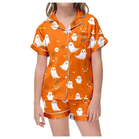 Elegyee Girls Halloween Pajamas Short Sleeve Button Down Sleepwear Set Kids PJ(1-14 Years)