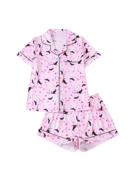 Girls Halloween Pajamas Short Sleeve Button Down Top Shorts Sleepwear(3-14 Years)