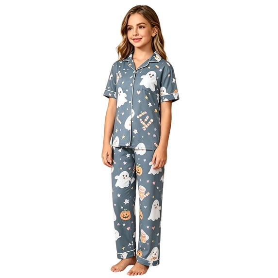 Elegyee Girls Halloween Pajamas Short Sleeve Button Front Shirt Pants PJ Set(2-16 Years)