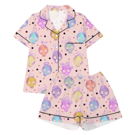 Elegyee Girls' Halloween Pajamas Skeleton Print Short Sleeve Button Down Shirt Shorts Sleepwear, Pink, Size 13-14