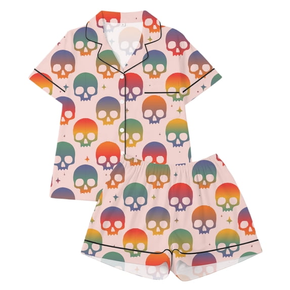 Elegyee Girls Halloween Pajamas Skeleton Print Short Sleeve Top Shorts Sleepwear, Pink, Size 7-8