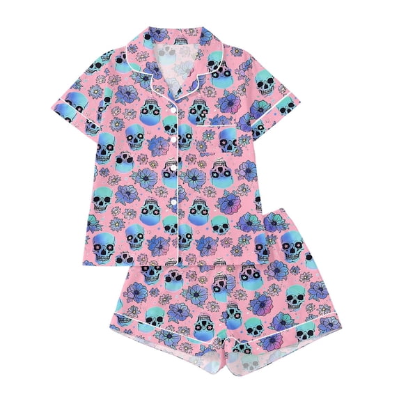 Elegyee Girls' Halloween Pajamas Sleepwear Short Sleeve Button Down Shirt Shorts, Pink, Size 9-10