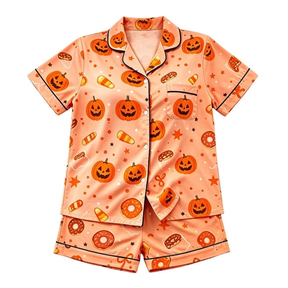 Elegyee Girls Halloween Pumpkin Pajamas Cute Button Down Shirt Shorts, Orange, Size 11-12