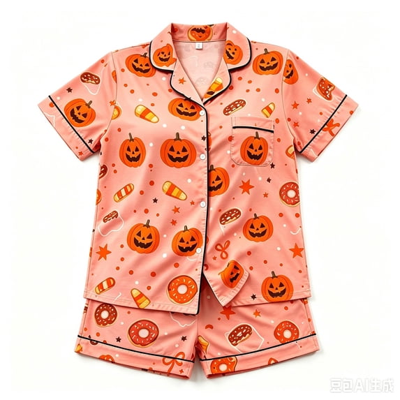 Elegyee Girls Halloween Pumpkin Pajamas Cute Button Down Shirt Shorts, Size 9-10