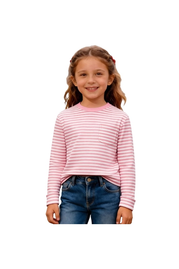 Girls Long Sleeve T-Shirt Unisex Striped Soft Crewneck Tops with Side Pocket, Sizes 3-14Y
