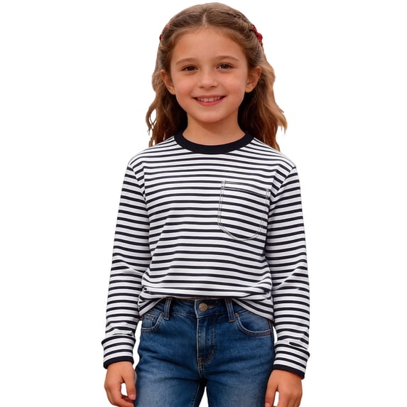 Elegyee Girls Long Sleeve T-Shirt Unisex Striped Soft Crewneck Tops with Side Pocket, Sizes 3-14Y